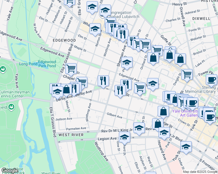 map of restaurants, bars, coffee shops, grocery stores, and more near 1475 -77 Chapel Street in Hamden