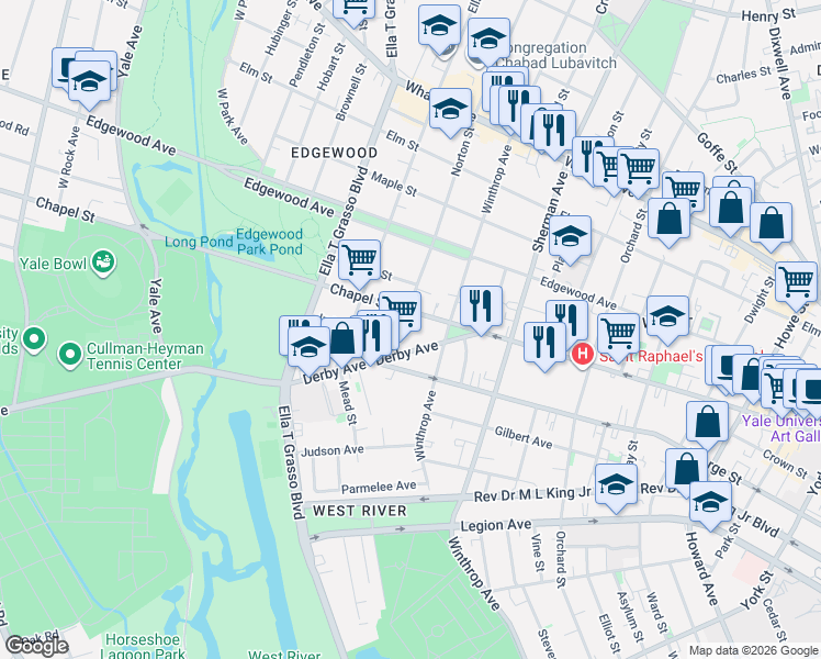 map of restaurants, bars, coffee shops, grocery stores, and more near 59 Derby Avenue in New Haven