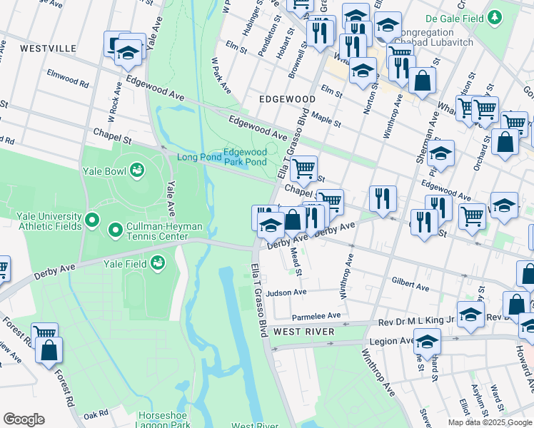 map of restaurants, bars, coffee shops, grocery stores, and more near 1225 Ella T Grasso Boulevard in New Haven