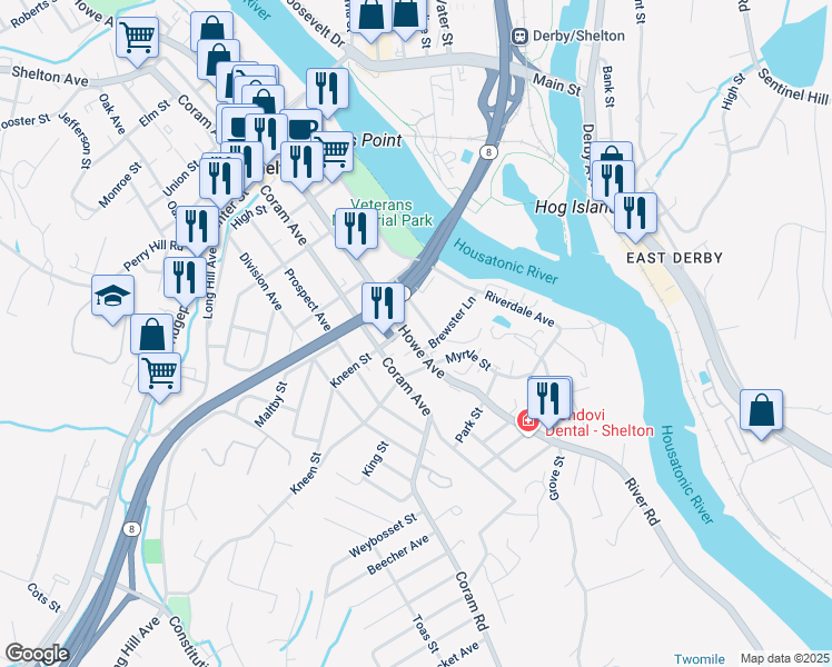 map of restaurants, bars, coffee shops, grocery stores, and more near 191 Howe Avenue in Shelton