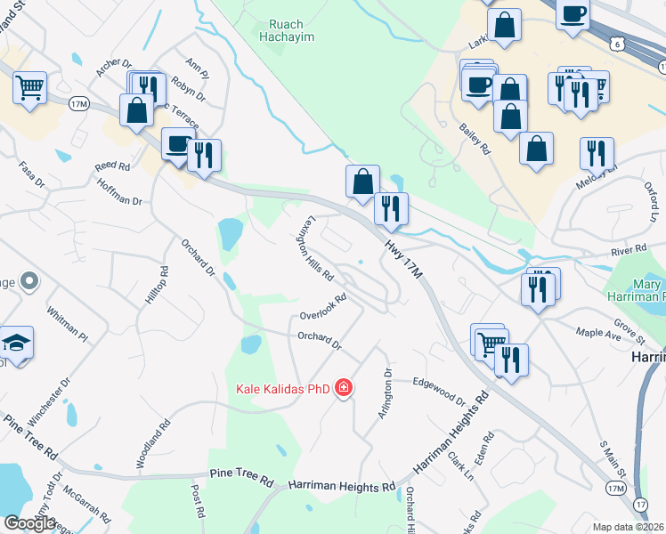 map of restaurants, bars, coffee shops, grocery stores, and more near 21 Lexington Hills Road in Harriman