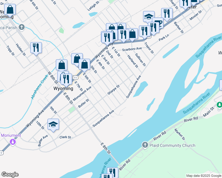 map of restaurants, bars, coffee shops, grocery stores, and more near 101 E 6th St in Wyoming
