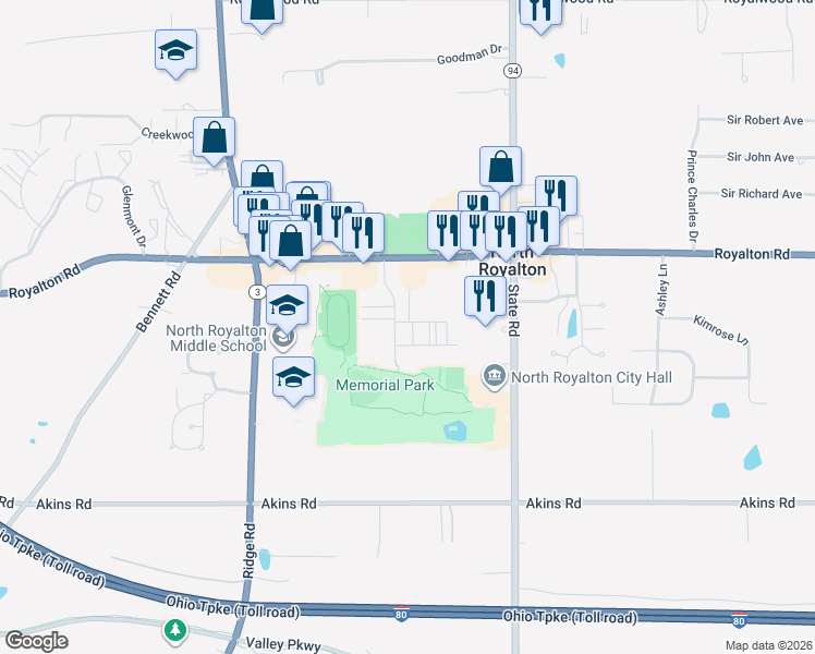 map of restaurants, bars, coffee shops, grocery stores, and more near 14010 Pine Forest Drive in North Royalton