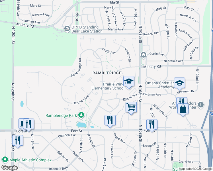 map of restaurants, bars, coffee shops, grocery stores, and more near 5730 North 114th Street in Omaha