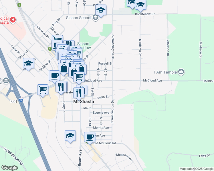 map of restaurants, bars, coffee shops, grocery stores, and more near 404 Ackley Avenue in Mount Shasta