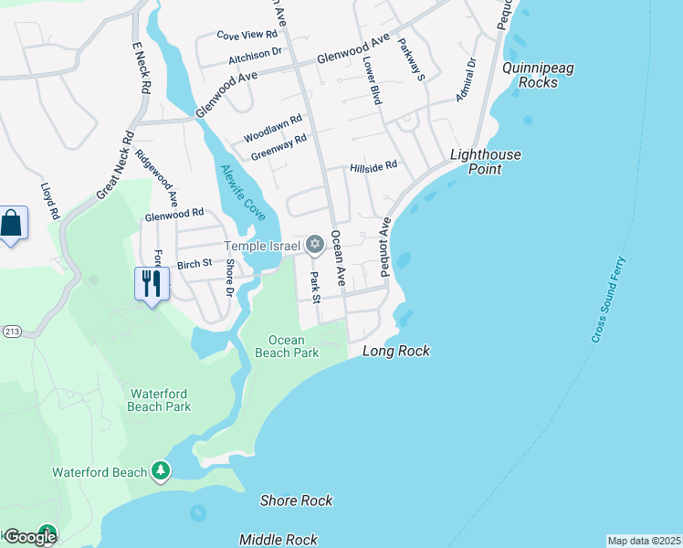map of restaurants, bars, coffee shops, grocery stores, and more near 1127 Ocean Avenue in New London