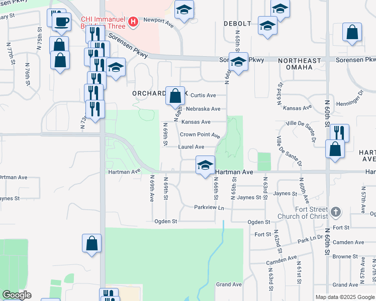 map of restaurants, bars, coffee shops, grocery stores, and more near 6723 Laurel Avenue in Omaha