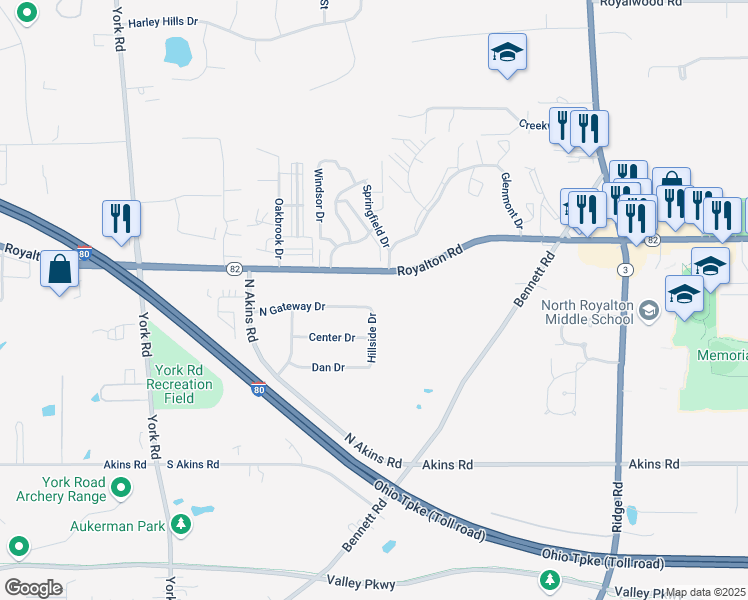 map of restaurants, bars, coffee shops, grocery stores, and more near 8600 North Gateway Drive in North Royalton