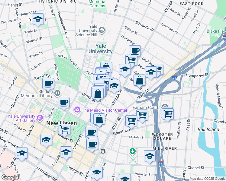 map of restaurants, bars, coffee shops, grocery stores, and more near 1 Lincoln Street in New Haven