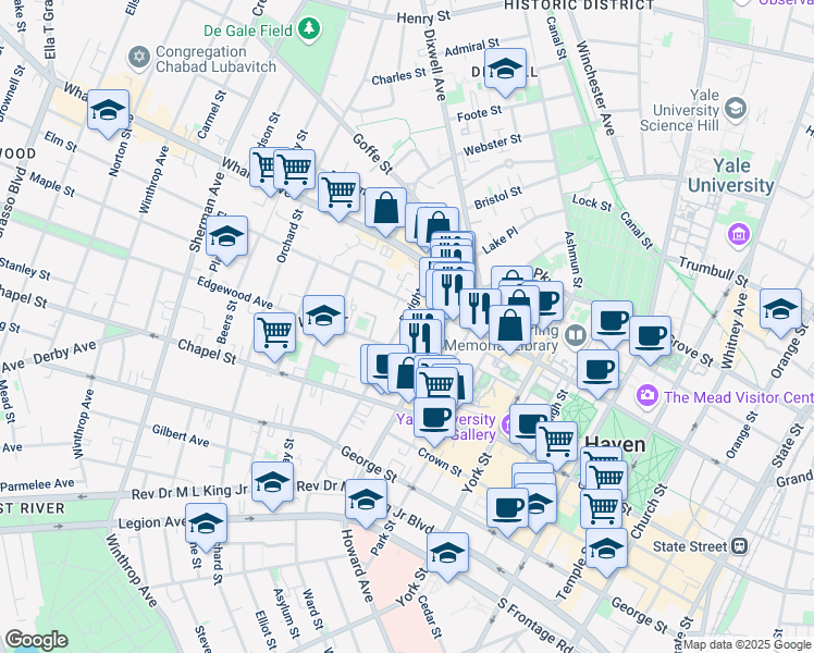 map of restaurants, bars, coffee shops, grocery stores, and more near 235 Dwight Street in New Haven