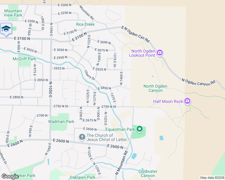 map of restaurants, bars, coffee shops, grocery stores, and more near 2838 1375 East Street in Ogden