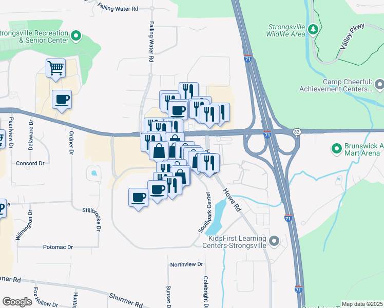 map of restaurants, bars, coffee shops, grocery stores, and more near 16761 Southpark Center in Strongsville