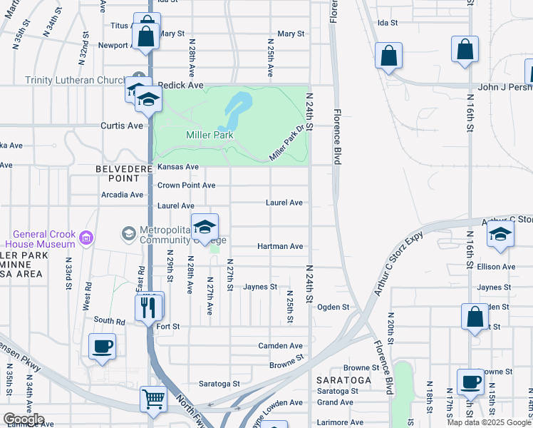 map of restaurants, bars, coffee shops, grocery stores, and more near 5814 North 25th Avenue in Omaha