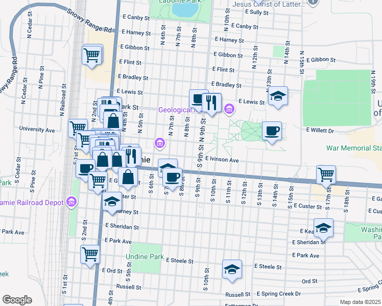 map of restaurants, bars, coffee shops, grocery stores, and more near 805 East Ivinson Avenue in Laramie
