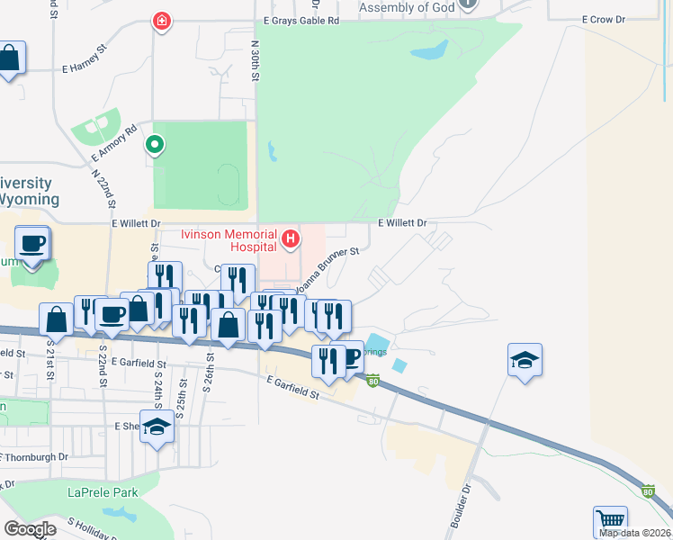 map of restaurants, bars, coffee shops, grocery stores, and more near 3322 Joanna Brunner Street in Laramie
