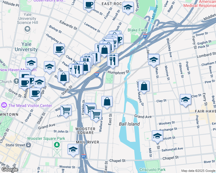 map of restaurants, bars, coffee shops, grocery stores, and more near 243 Wallace Street in New Haven