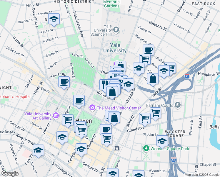 map of restaurants, bars, coffee shops, grocery stores, and more near 18 Temple Court in New Haven