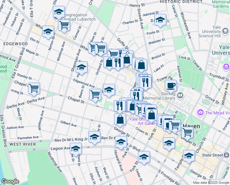map of restaurants, bars, coffee shops, grocery stores, and more near 130 Edgewood Avenue in New Haven