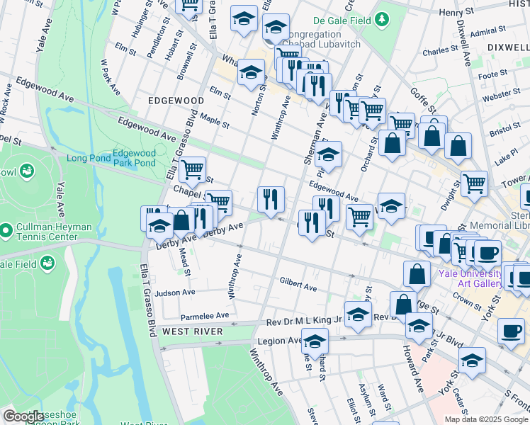 map of restaurants, bars, coffee shops, grocery stores, and more near 22 Derby Avenue in New Haven
