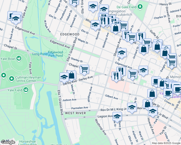 map of restaurants, bars, coffee shops, grocery stores, and more near 59 Derby Avenue in New Haven