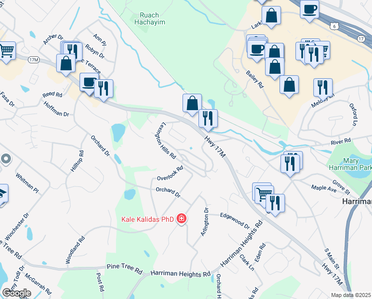 map of restaurants, bars, coffee shops, grocery stores, and more near 21 Lexington Hills Road in Harriman