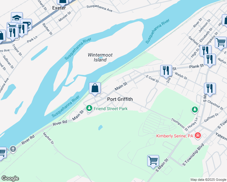 map of restaurants, bars, coffee shops, grocery stores, and more near 1283 Main Street in Luzerne County