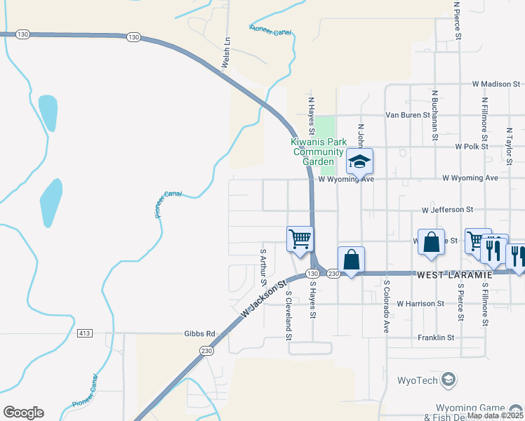 map of restaurants, bars, coffee shops, grocery stores, and more near 2592 West Jefferson Street in Laramie