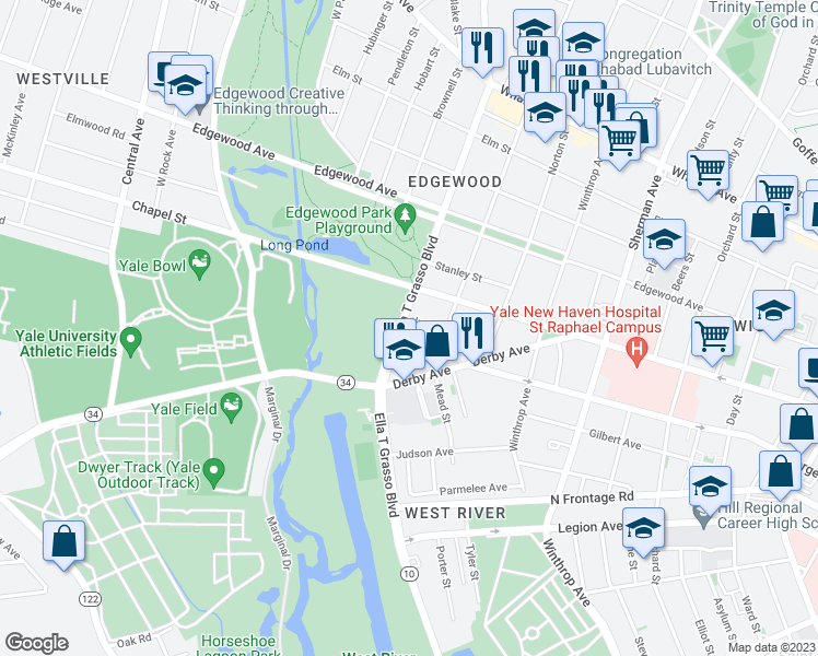 map of restaurants, bars, coffee shops, grocery stores, and more near 1225 Ella T Grasso Boulevard in New Haven