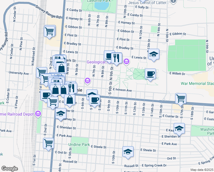 map of restaurants, bars, coffee shops, grocery stores, and more near 815 East Ivinson Street in Laramie