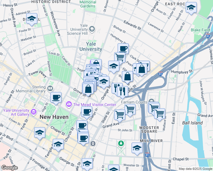 map of restaurants, bars, coffee shops, grocery stores, and more near 405 Orange Street in New Haven
