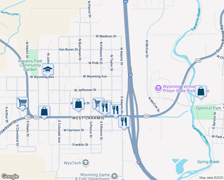 map of restaurants, bars, coffee shops, grocery stores, and more near 1598 West Jefferson Street in Laramie
