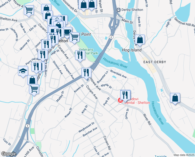 map of restaurants, bars, coffee shops, grocery stores, and more near 191 Howe Avenue in Shelton