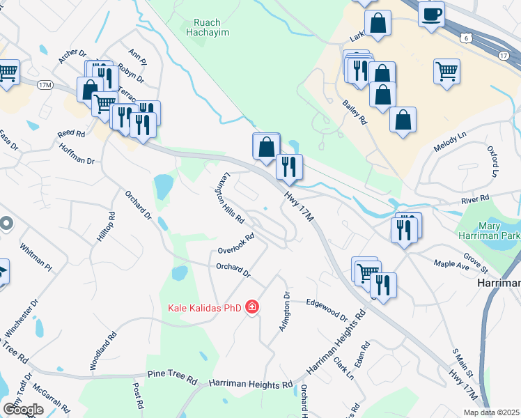 map of restaurants, bars, coffee shops, grocery stores, and more near 11 Lexington Hills Road in Harriman