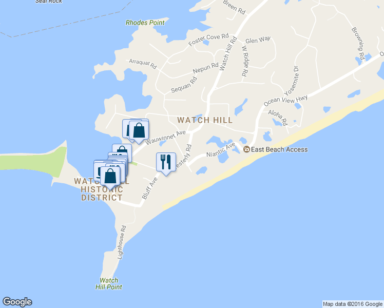 map of restaurants, bars, coffee shops, grocery stores, and more near 14 Westerly Road in Westerly