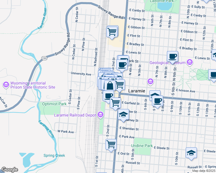 map of restaurants, bars, coffee shops, grocery stores, and more near 113 Grand Avenue in Laramie