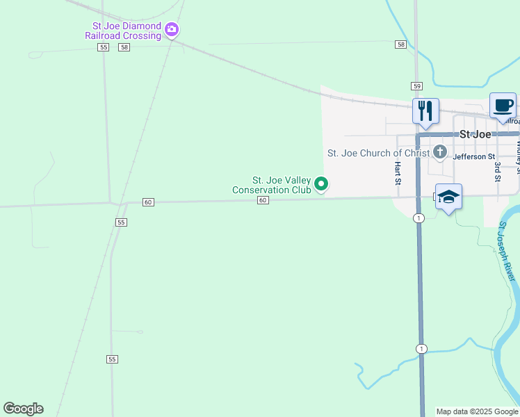 map of restaurants, bars, coffee shops, grocery stores, and more near 5800 County Road 60 in Spencerville