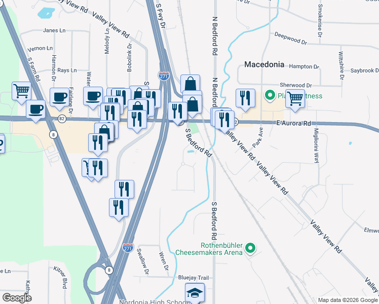 map of restaurants, bars, coffee shops, grocery stores, and more near 8282 Lakeview Drive in Macedonia
