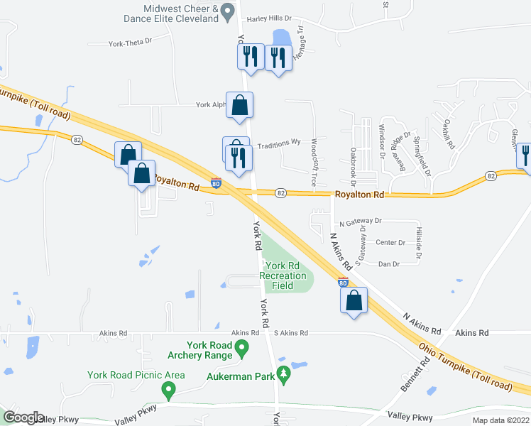 map of restaurants, bars, coffee shops, grocery stores, and more near Ohio Turnpike in North Royalton