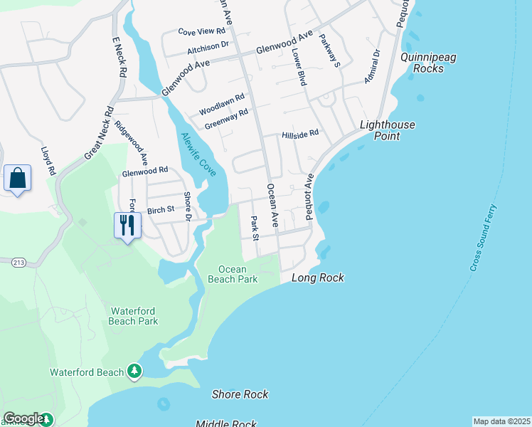 map of restaurants, bars, coffee shops, grocery stores, and more near 1127 Ocean Avenue in New London