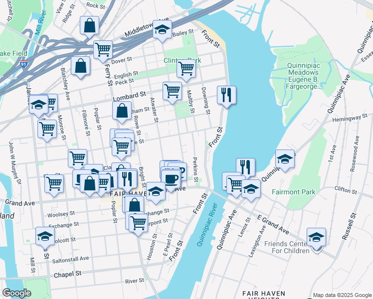 map of restaurants, bars, coffee shops, grocery stores, and more near 77 Clinton Avenue in New Haven
