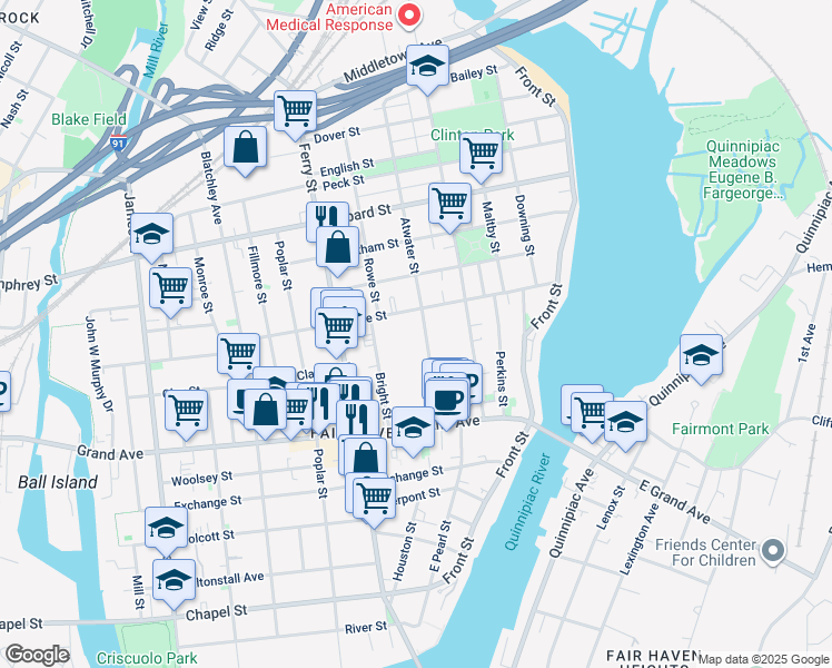 map of restaurants, bars, coffee shops, grocery stores, and more near 61 Atwater Street in New Haven