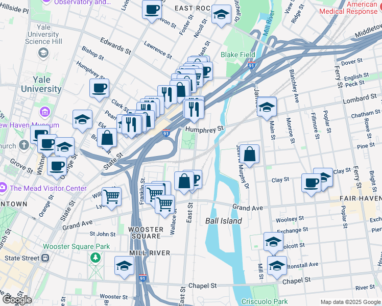 map of restaurants, bars, coffee shops, grocery stores, and more near 243 Wallace Street in New Haven