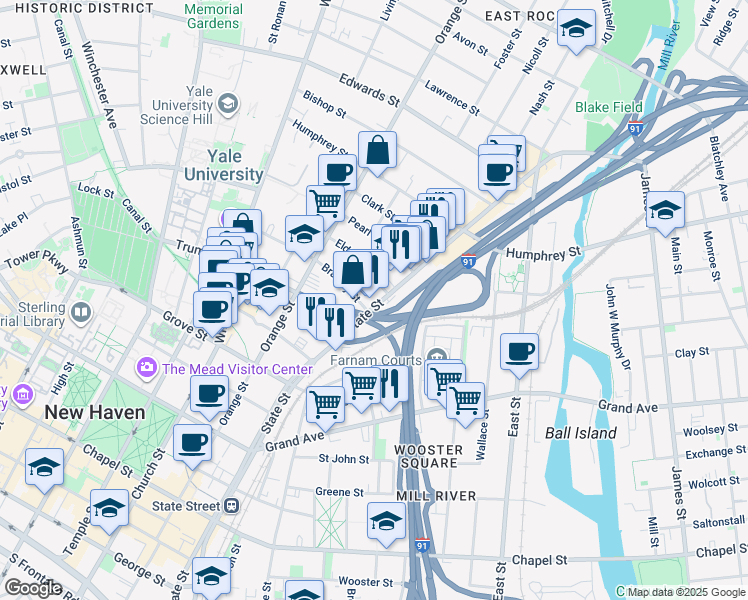 map of restaurants, bars, coffee shops, grocery stores, and more near 714 State Street in New Haven