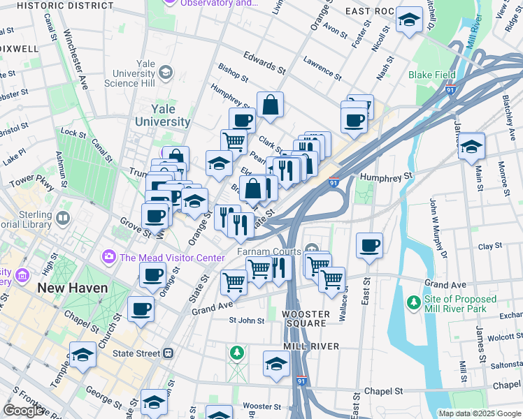map of restaurants, bars, coffee shops, grocery stores, and more near 714 State Street in New Haven