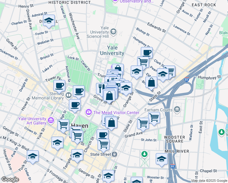 map of restaurants, bars, coffee shops, grocery stores, and more near 32 Whitney Avenue in New Haven