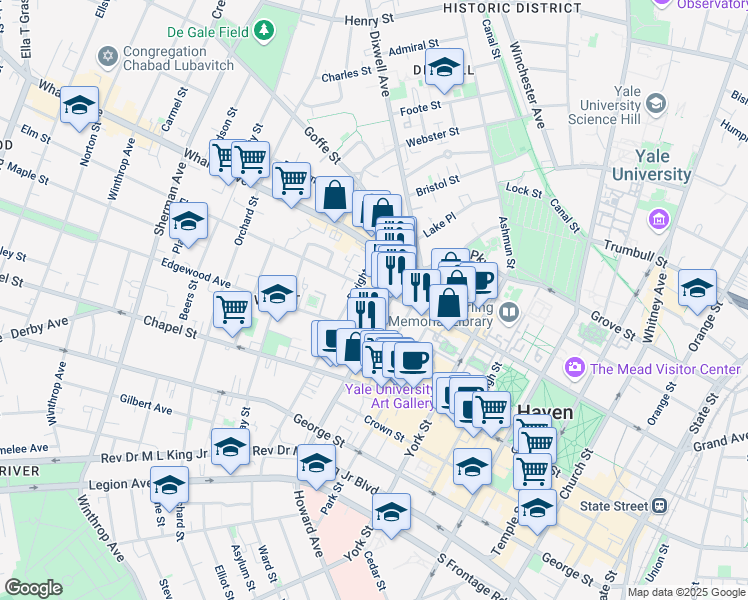 map of restaurants, bars, coffee shops, grocery stores, and more near 100 Howe Street in New Haven