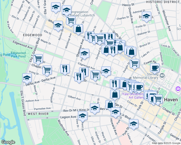 map of restaurants, bars, coffee shops, grocery stores, and more near 392 Orchard Street in New Haven