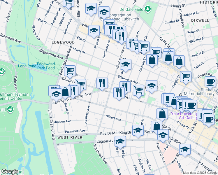 map of restaurants, bars, coffee shops, grocery stores, and more near 1475 -77 Chapel Street in Hamden
