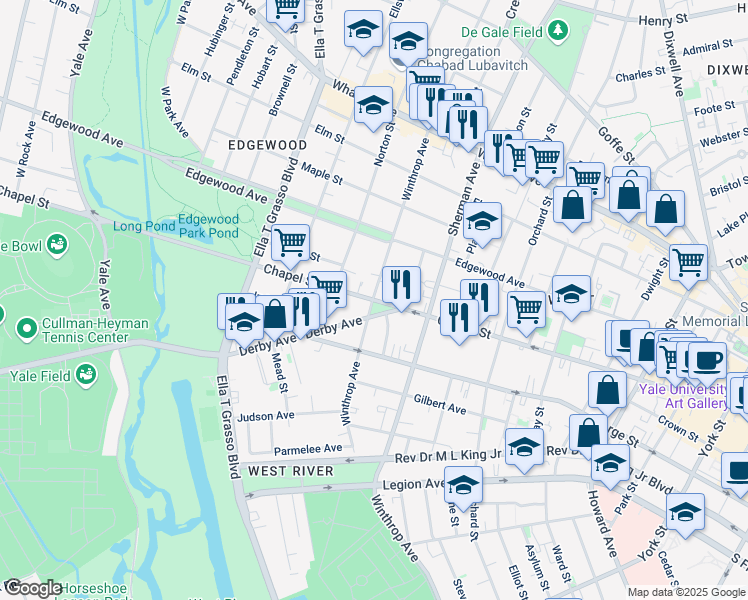 map of restaurants, bars, coffee shops, grocery stores, and more near 22 Derby Avenue in New Haven
