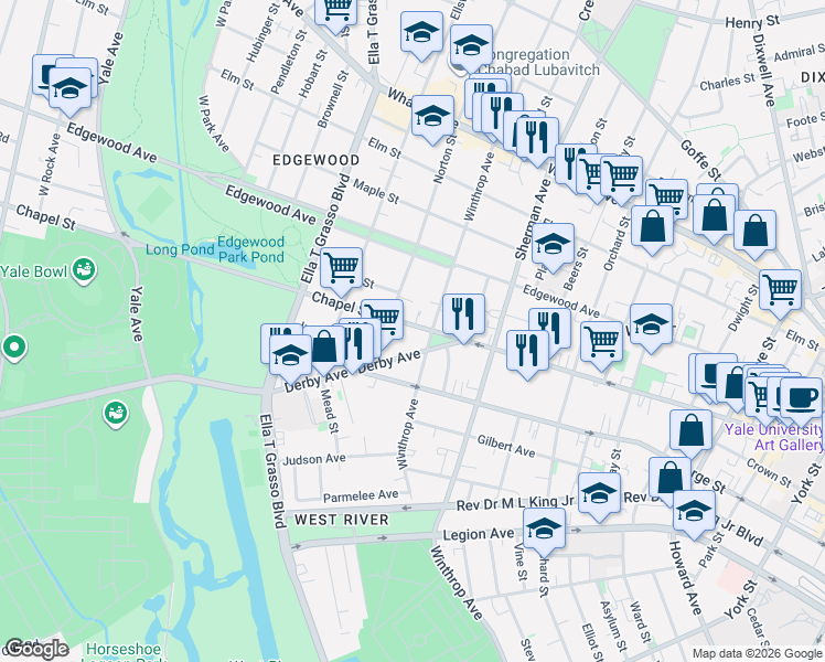 map of restaurants, bars, coffee shops, grocery stores, and more near 59 Derby Avenue in New Haven